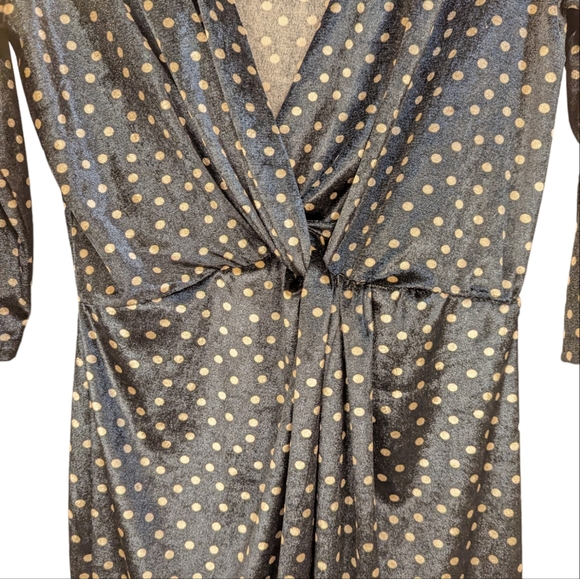 Zara Navy Cream Polka Dot Velvet V-Neck  Faux Wrap Tulip Hem Midi Dress Sz Small - Picture 5 of 7